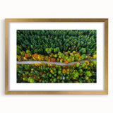 Abstract art print of a European landscape in muted earth tones, framed in gold, suitable for bedroom or dining room decor.