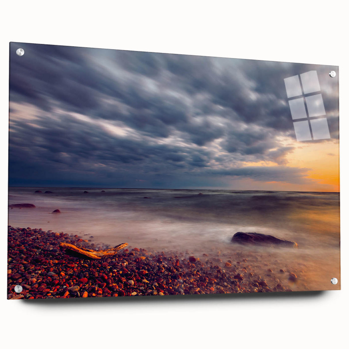 Acrylic print of a serene Lithuanian landscape in muted green and blue tones, suitable for bedroom or dining room decor.