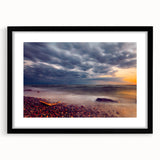 Abstract art print featuring vibrant, colorful textures of a European scenery on a large framed canvas.