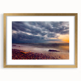 Abstract art print of a European Lithuanian landscape in muted earth tones, framed in gold, ideal for dining room decor.