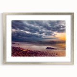 Extra large abstract art print of a textured European scenery in muted earth tones, framed in silver.