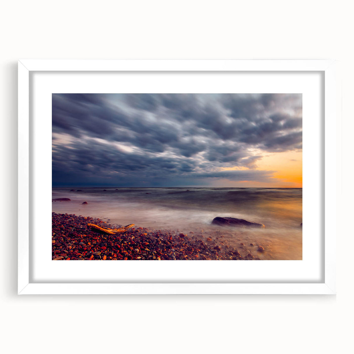Textured abstract art print of a European landscape in muted earth tones, framed with a white mat, ideal for bedroom art.