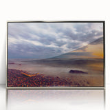 Large art print of a European Lithuanian landscape in muted greens and blues on a silver-framed acrylic.