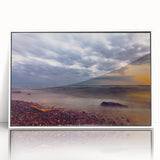 Mid-century modernist art of a European Lithuania landscape in muted greens and blues on a framed acrylic.