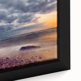 Black wall art depicting a textured European scenery in colorful hues on an extra large framed canvas.