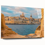 Large abstract wall art of a Malta scenery in muted earth tones on acrylic glass, ideal for bedroom or dining room decor.