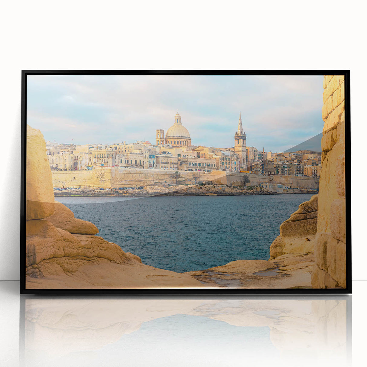 Large abstract wall art depicting a colorful European Malta scenery in a black framed acrylic.