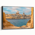 Black and white framed canvas depicting a vintage landscape of Malta, ideal for bedroom wall art.