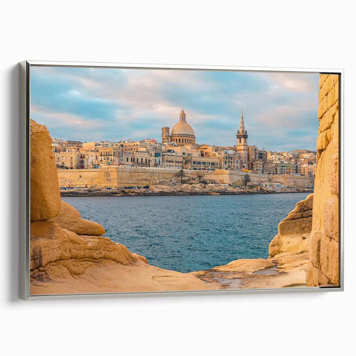 Framed canvas featuring a vintage-style landscape painting of Malta with colorful art and black edges.