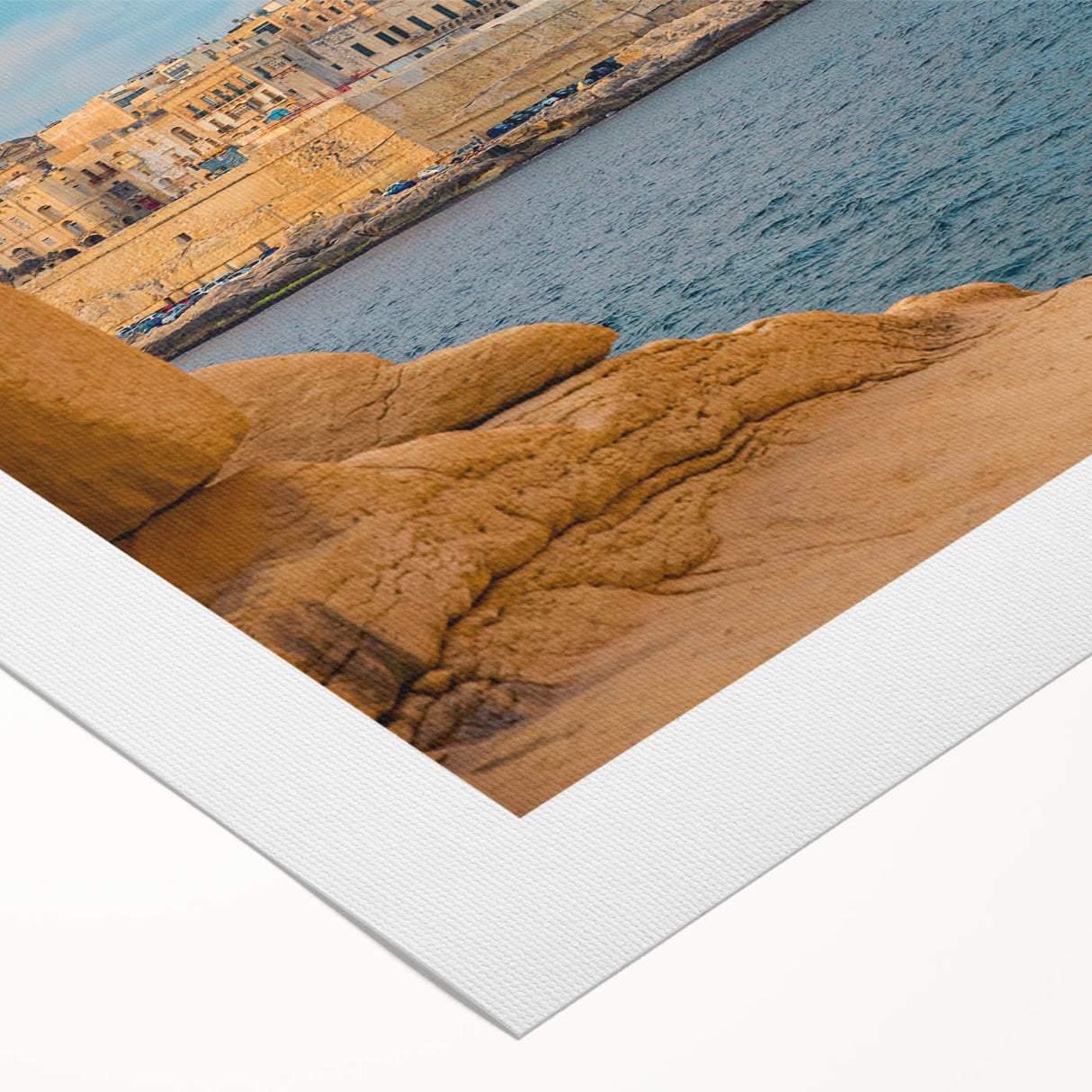 Art deco poster featuring a serene Malta coastline scene in soft pastel shades on rolled canvas.