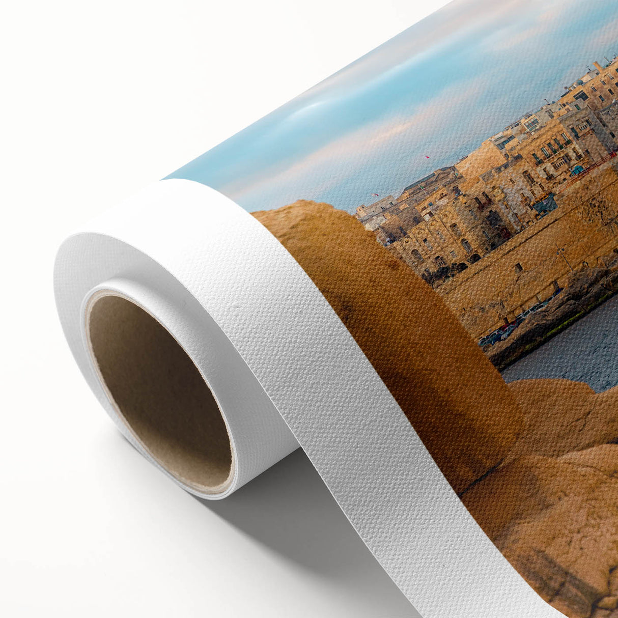 Art deco poster of a Malta scenery in pastel shades on rolled canvas, ideal for nursery wall art.