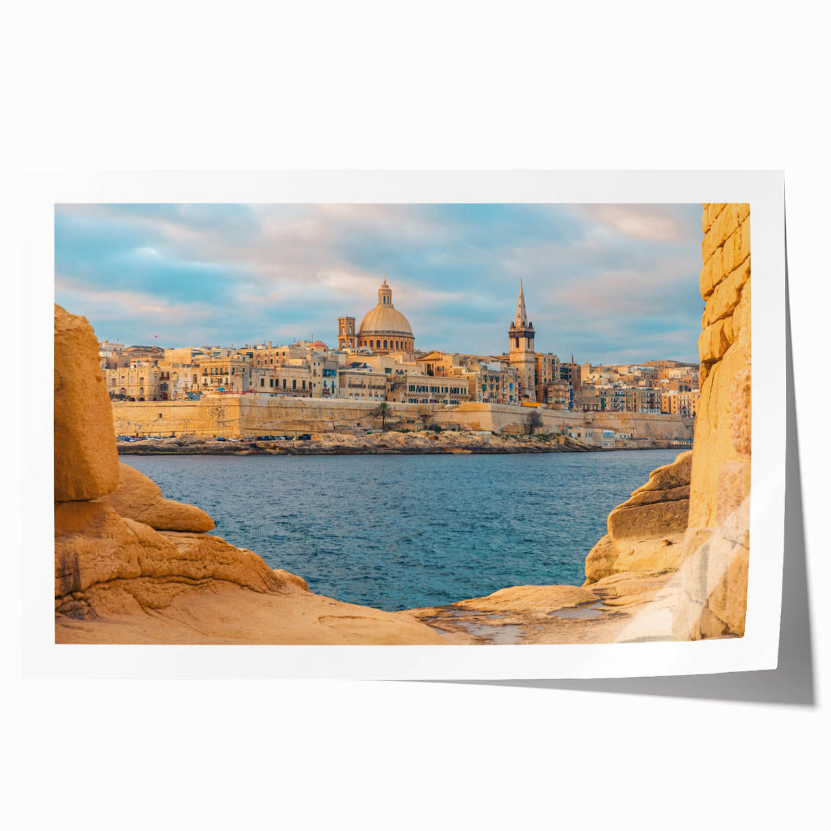 Extra large rolled print of a European Malta scenery with vibrant floral elements, ideal for dining room wall art.