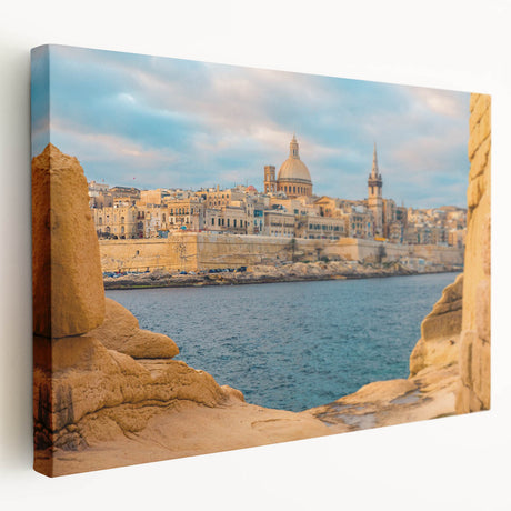 Side view of a stretched canvas featuring a scenic Malta landscape in vivid blue and white tones.