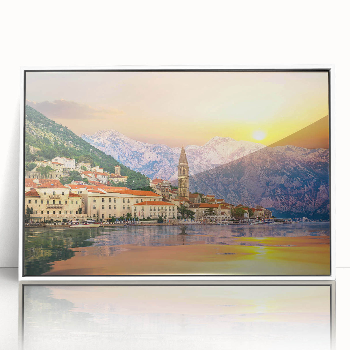 Mid-century modernist art depicting a serene Montenegro landscape in muted earth tones, framed acrylic.