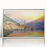Mid-century modernist art depicting a serene Montenegro landscape in muted earth tones, framed acrylic.