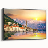 Black and white framed canvas featuring a vintage-style landscape of Montenegro, ideal for bedroom wall art.