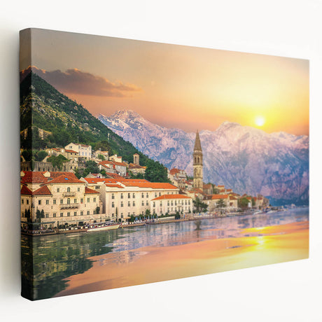 Large stretched canvas depicting a serene Montenegro landscape in muted earth tones, ideal for kitchen wall art.