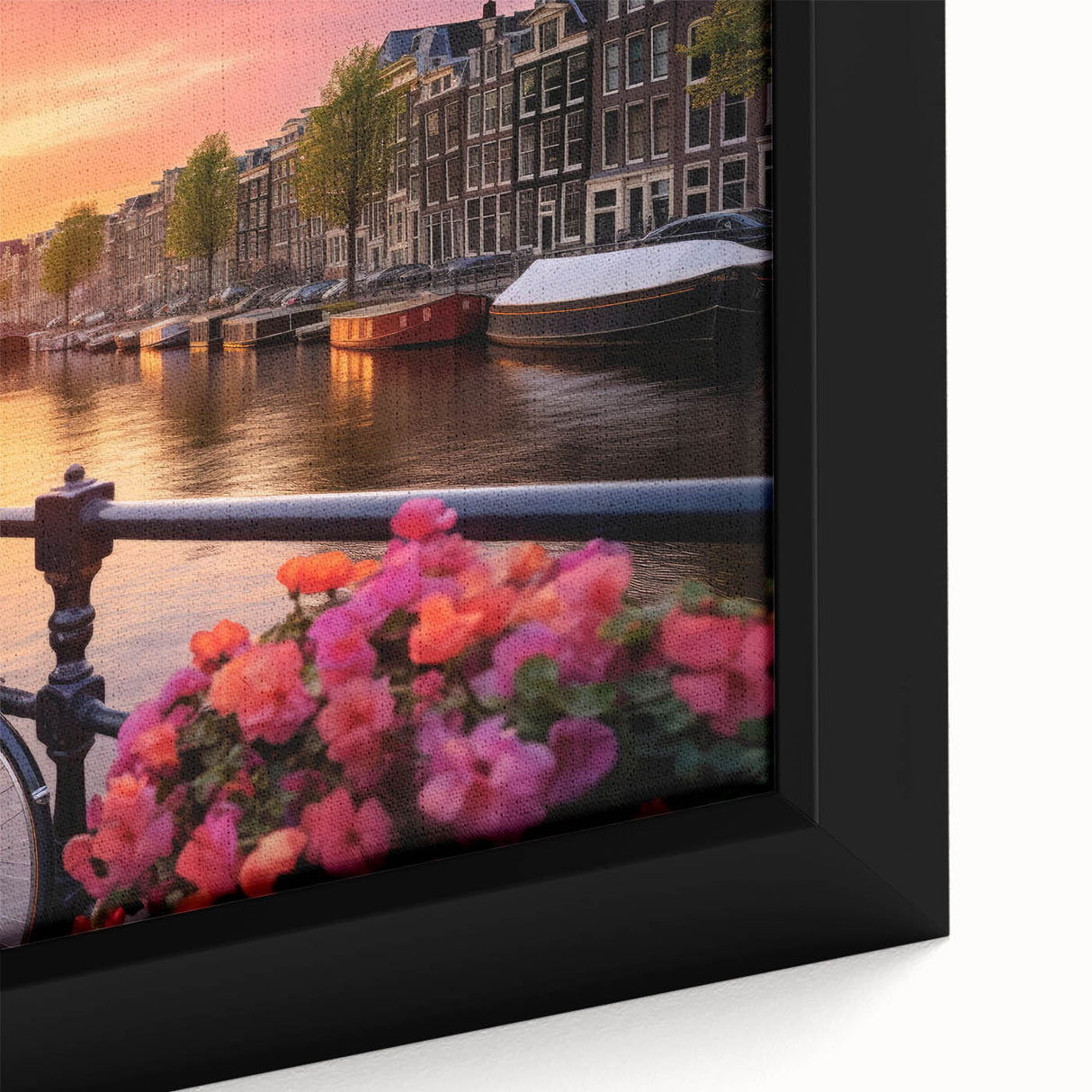 Black wall art depicting a textured Amsterdam canal scene with colorful buildings on framed canvas, ideal for a living room.