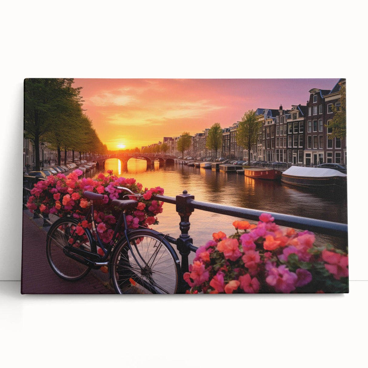 Black and white canvas print of Amsterdam's canal scene, large format, ideal for kitchen wall art.