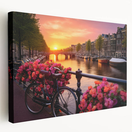 Amsterdam canal scene on large stretched canvas with vivid blue and green tones, suitable for kitchen wall art.