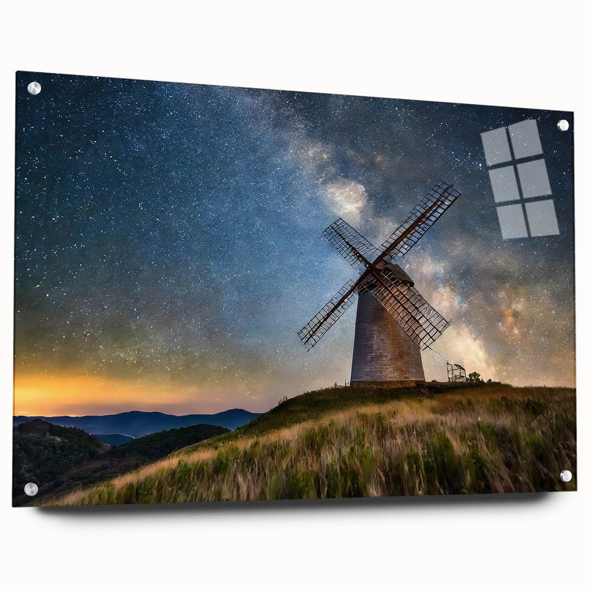 Acrylic print of a European landscape in muted greens and blues, ideal for dining room decor.