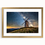 Abstract art print of a European scenery in muted earth tones, framed in gold, suitable for dining room decor.