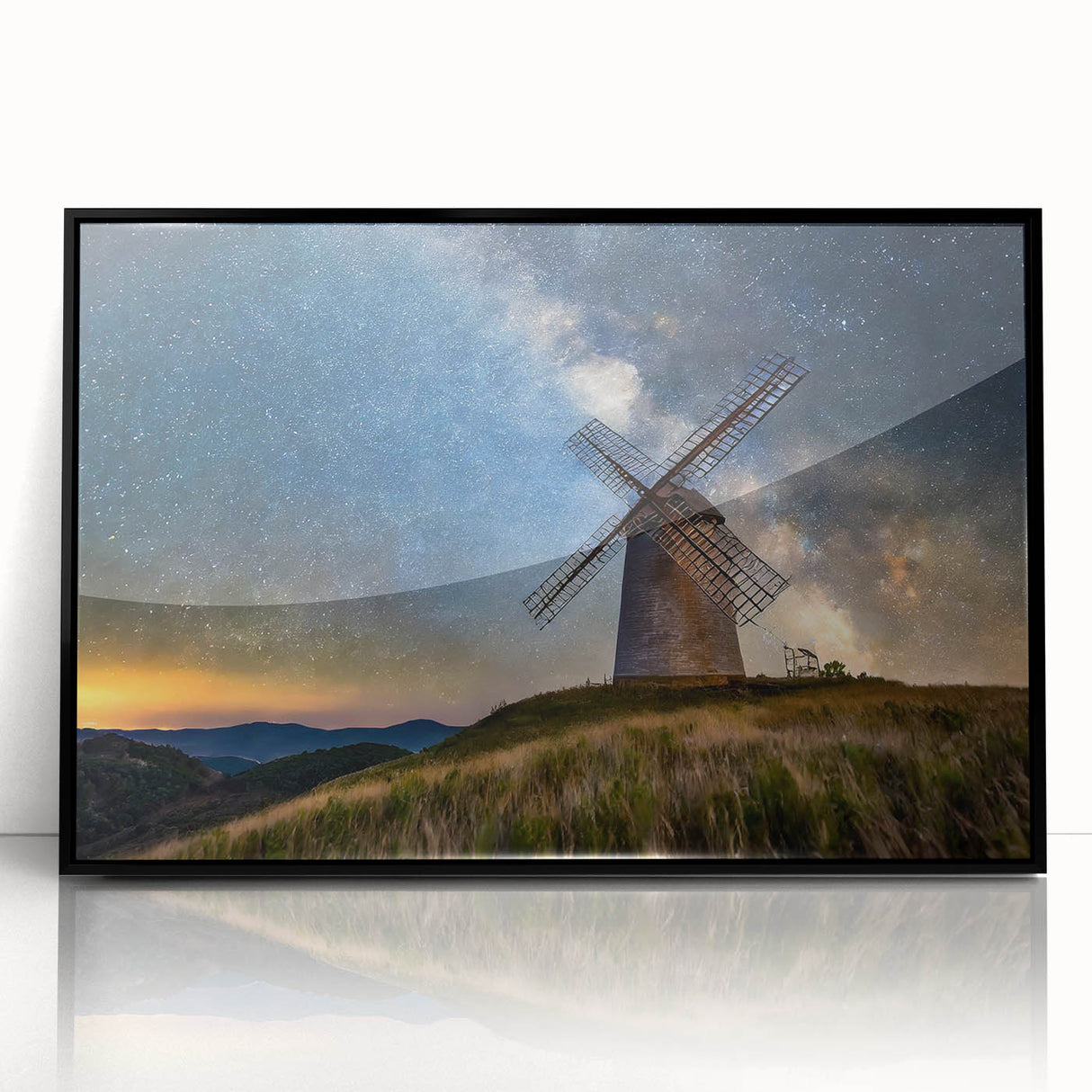 Large abstract wall art depicting a European scenery in muted earth tones on a black framed acrylic.