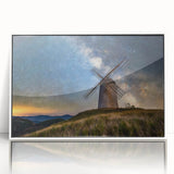 Mid-century modernist art depicting a serene Dutch landscape in muted greens and blues, framed acrylic.