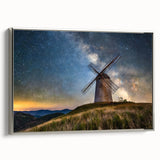 Framed canvas depicting a vintage-style landscape of a Netherlands scenery in muted earth tones, ideal for living room decor.
