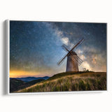 Vintage poster art of a European cityscape in colorful hues on a framed canvas, ideal for living room decor.