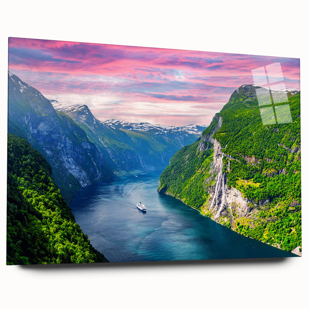 Large abstract acrylic print of a serene Norwegian landscape, in muted blue and green tones.