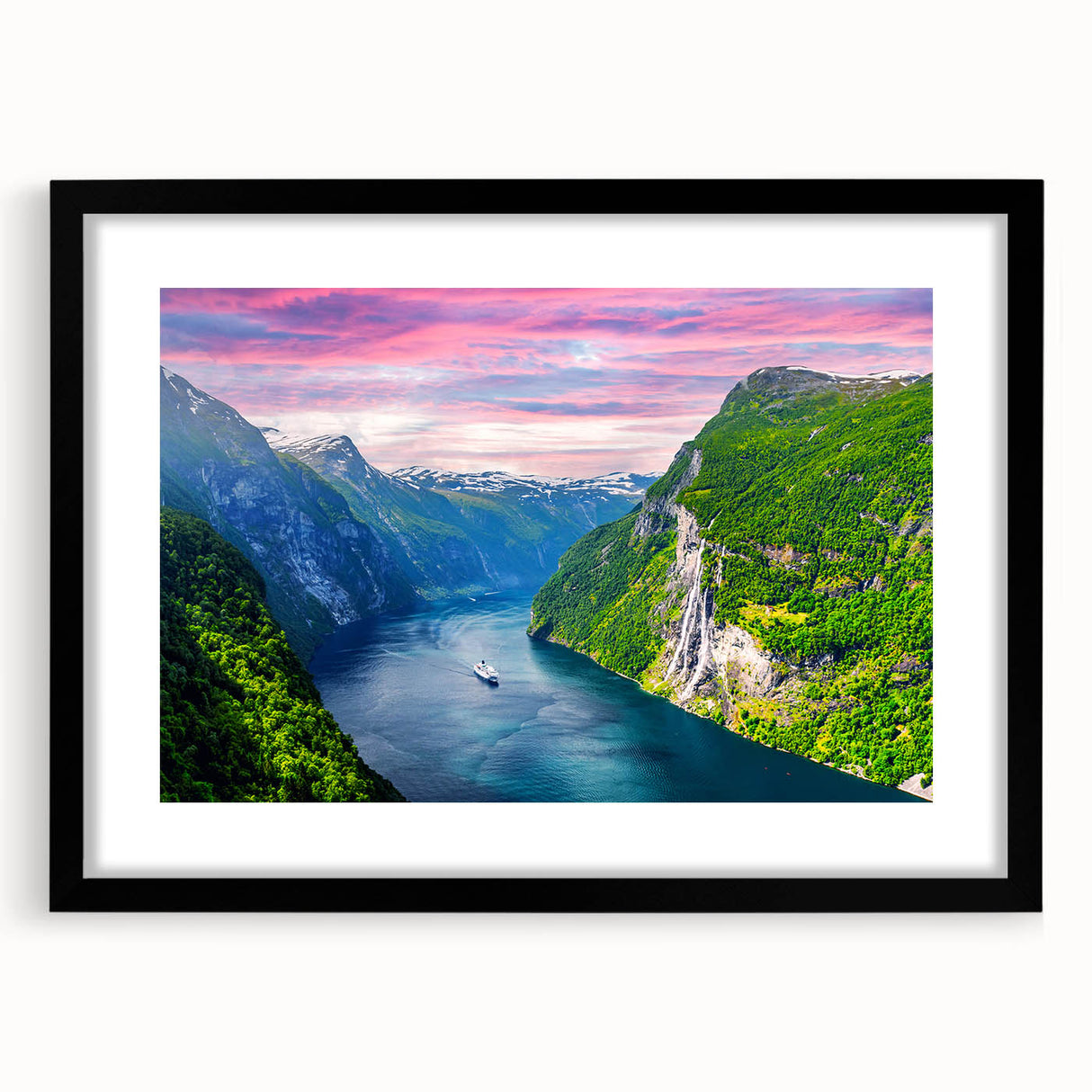 Extra large abstract art print of a colorful, textured Norwegian landscape on a framed canvas, ideal for living room decor.