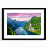 Extra large abstract art print of a colorful, textured Norwegian landscape on a framed canvas, ideal for living room decor.