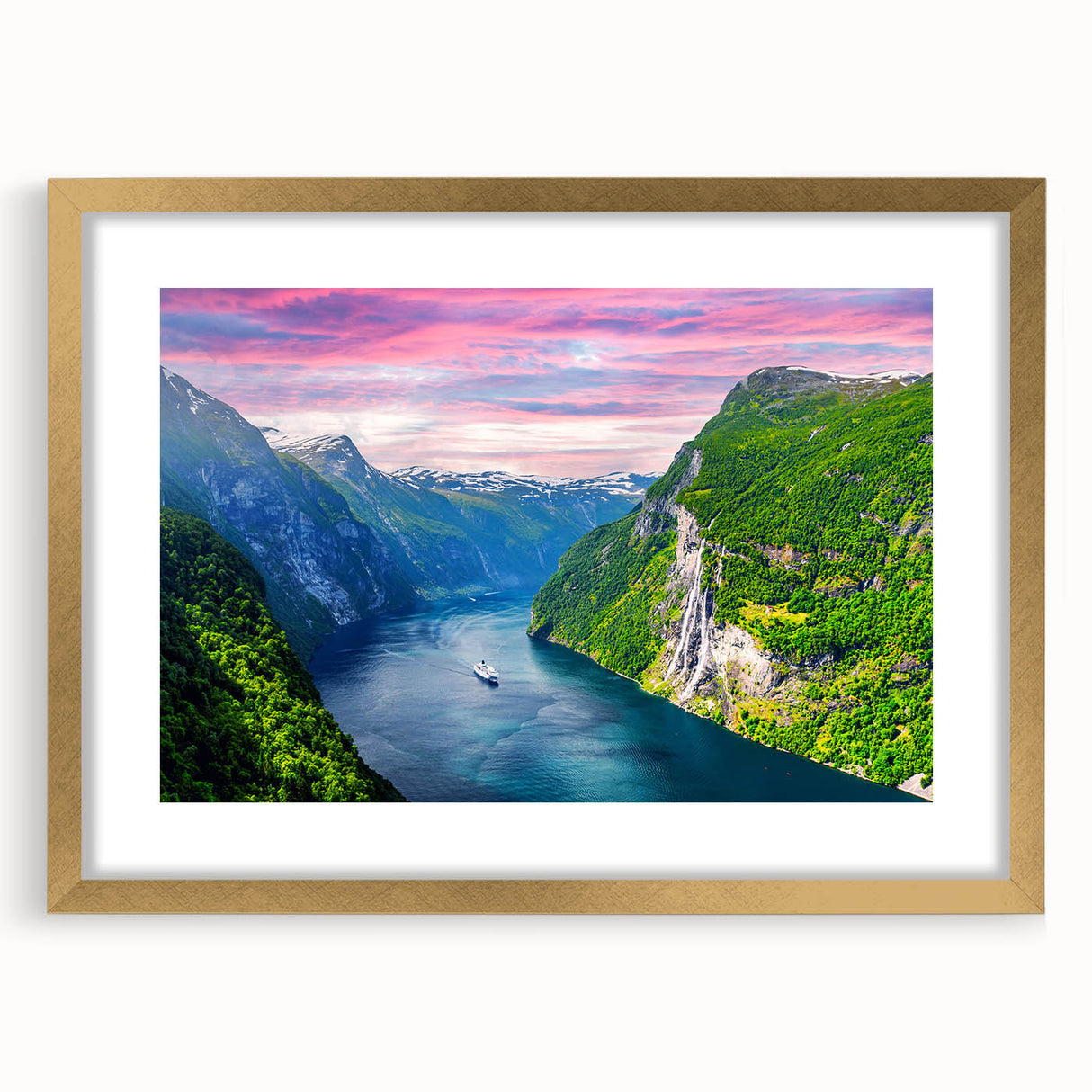 Abstract art print of a European Norwegian landscape in muted blue and green tones on a framed canvas.