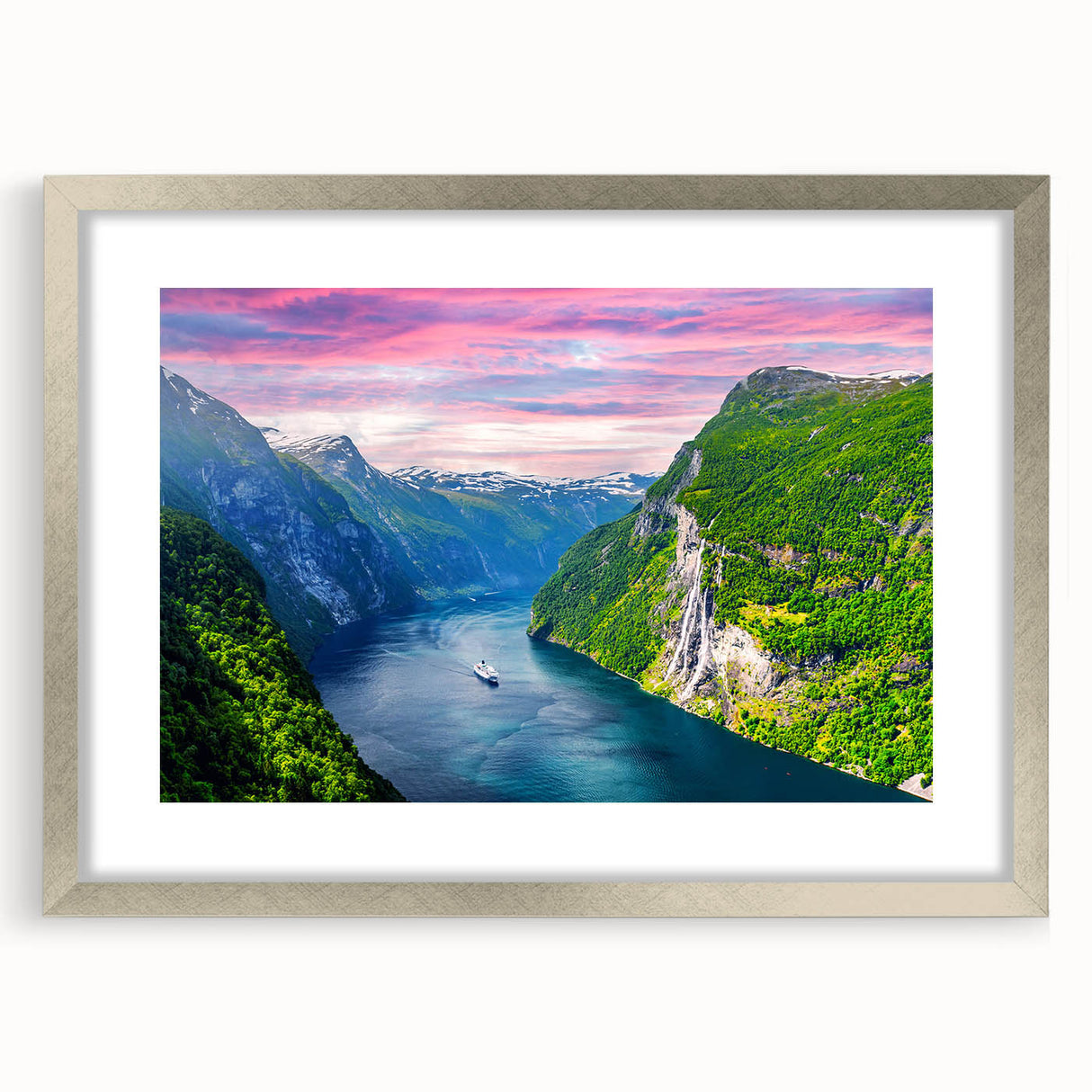 Extra large abstract art print depicting a textured scenery of Norway in muted earth tones, framed in silver.
