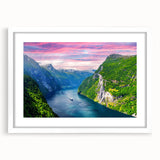 Textured art print of abstract Norwegian scenery in muted blue and gray tones on a white framed canvas.