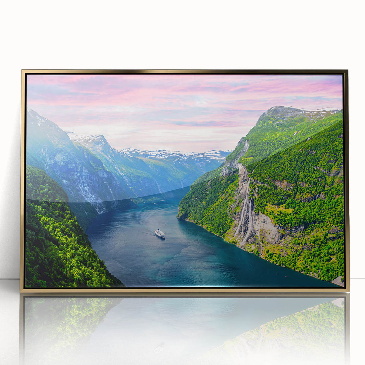 Acrylic print of a serene Norway landscape in art deco style, with golden frame, suitable for modern nursery decor.