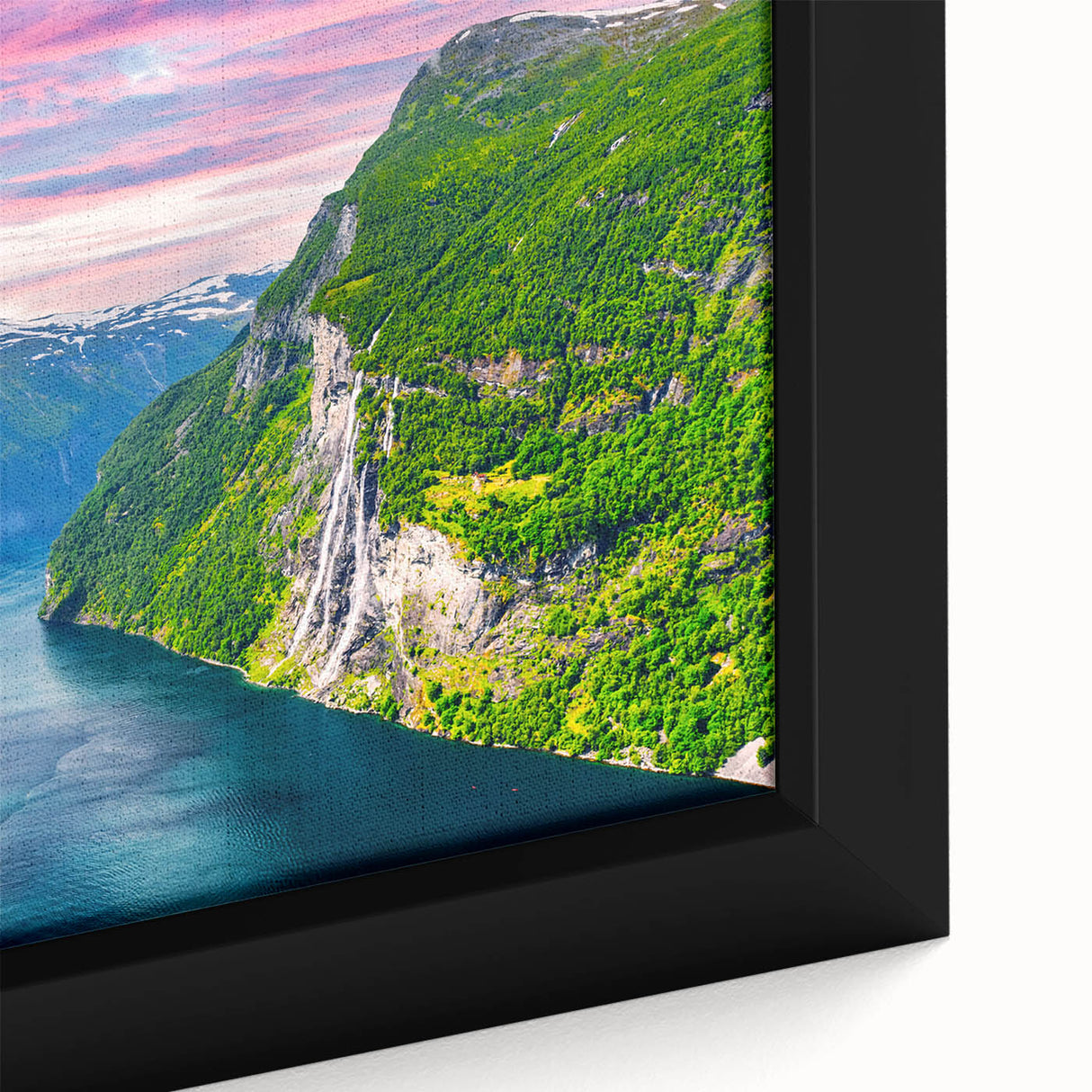 Black wall art depicting a textured Norwegian landscape on framed canvas, featuring vibrant colorful art.