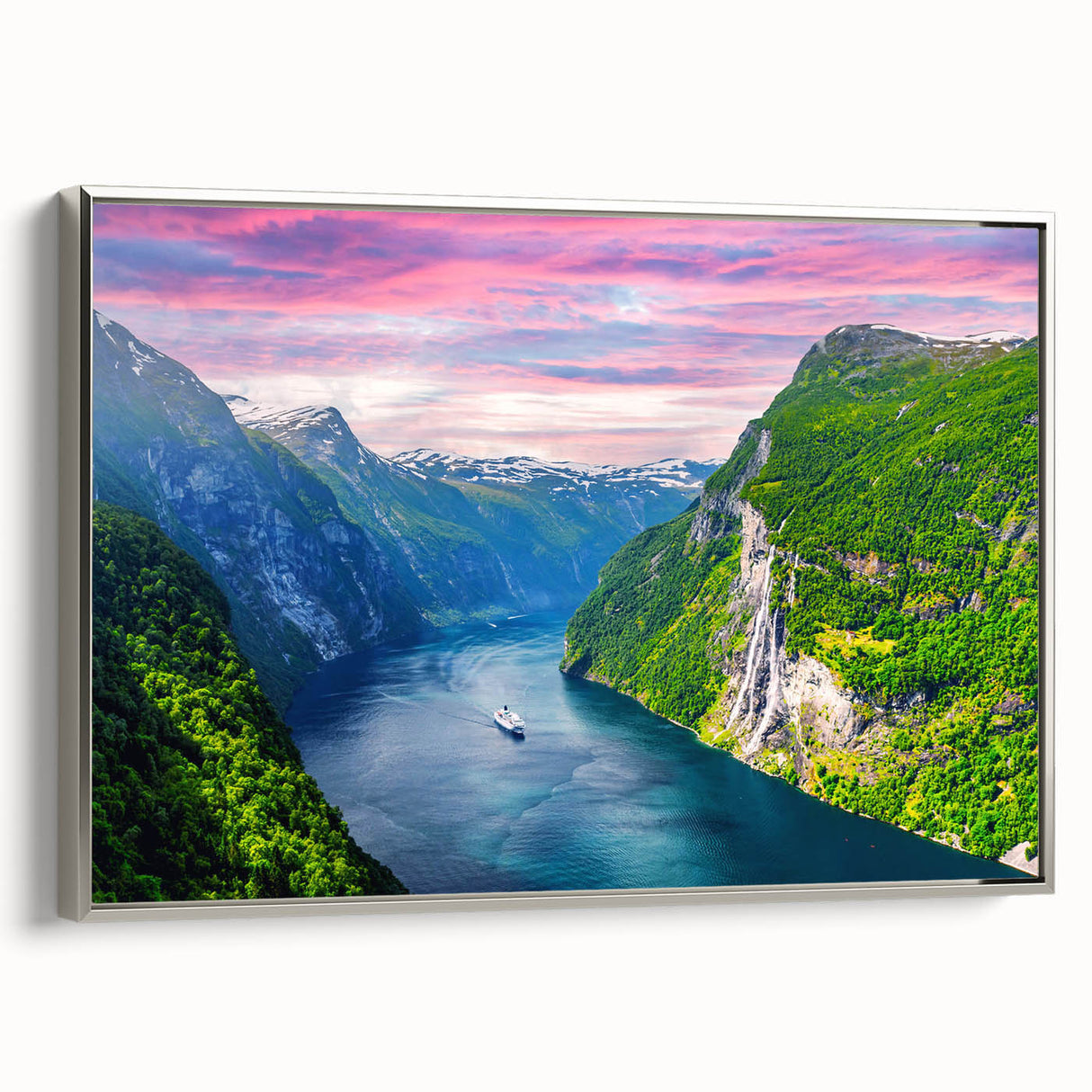 Framed canvas landscape art painting depicting a vintage Norwegian scene in colorful and black tones.