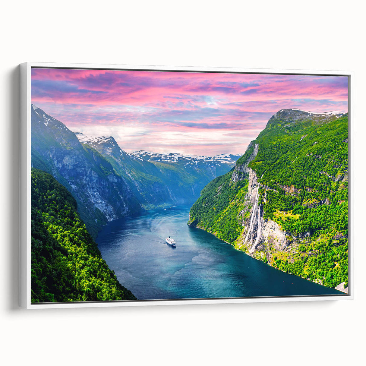 Vintage poster art of a European Norway scenery on extra large framed canvas.