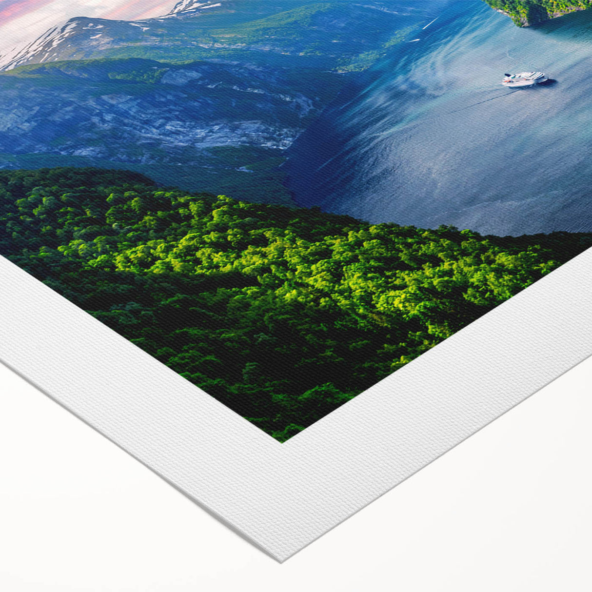 Art deco poster featuring a snowy Norwegian landscape in muted blue and white tones, printed on rolled canvas.
