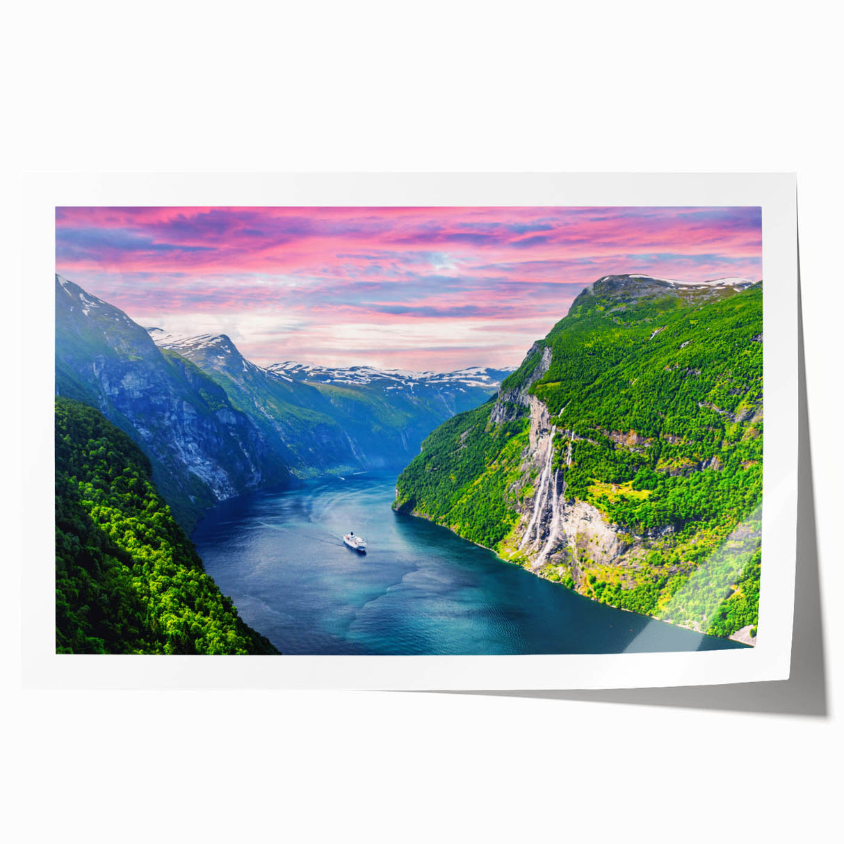Extra large rolled print of a Norwegian landscape with muted green and blue tones, ideal for art wall dining room.