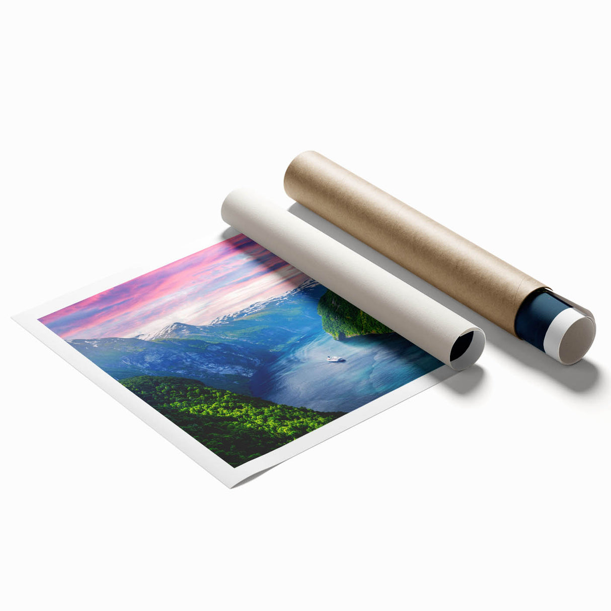 Extra large rolled print of a serene Norwegian landscape with muted green and blue tones, ideal for classy bathroom wall art.