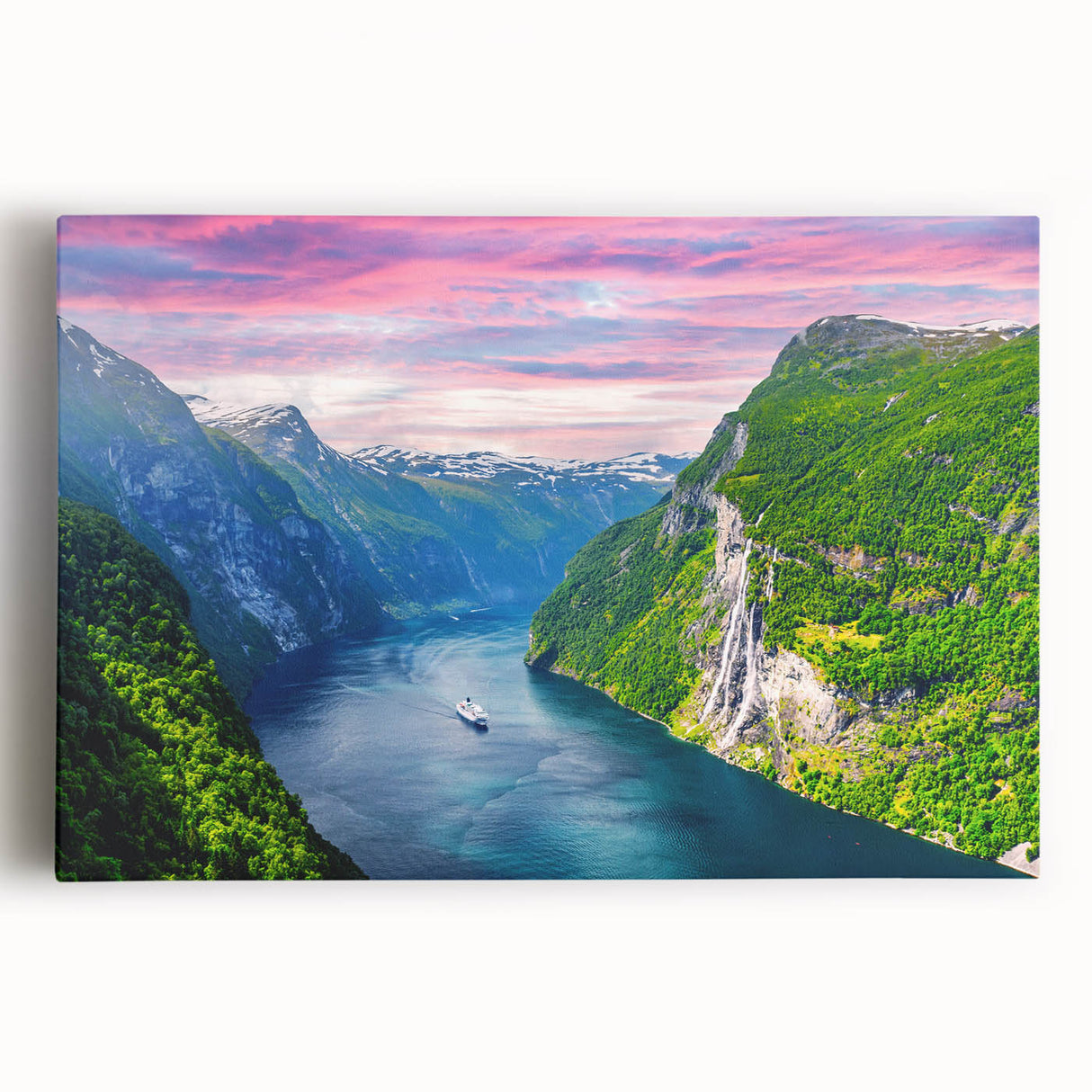 Black and white photograph of a serene Norwegian landscape on stretched canvas, ideal for kitchen wall art.