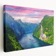 Large art print of a Norwegian landscape on stretched canvas, featuring muted green and blue tones.