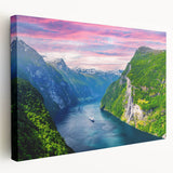 Large art print of a Norwegian landscape on stretched canvas, featuring muted green and blue tones.