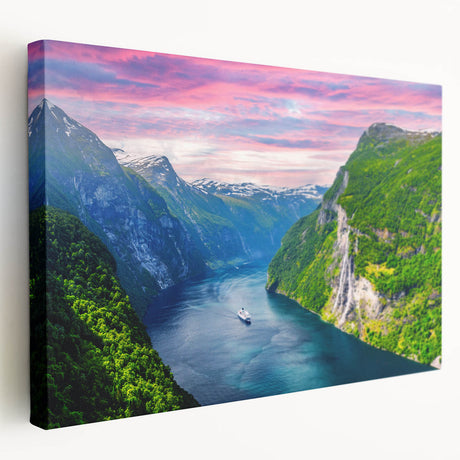 Large art print of a Norwegian landscape on stretched canvas, featuring muted green and blue tones.