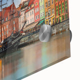 Large abstract wall art depicting European scenery in muted earth tones on acrylic glass, ideal for dining room ambiance.
