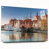 Acrylic glass print of a European cityscape in muted gray and blue tones, suitable for dining room decor.