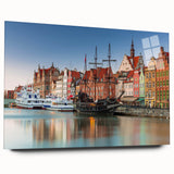 Large abstract acrylic print of a European cityscape in muted gray and blue tones, ideal for bedroom or dining room art.